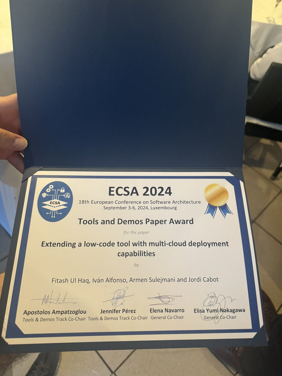 Fitash Ul Haq (@fitashulhaq) on Twitter photo Alhamdulilah. Our work received the best tools and demo award at ECSA.
Work done in Collaboration with <a href="/Ivandaalf/">Ivan Alfonso</a>, @armen and <a href="/JordiCabot/">Jordi Cabot</a>.
Read more about our approach here: lnkd.in/eBC6YVur Alhamdulilah. Our work received the best tools and demo award at ECSA.
Work done in Collaboration with <a href="/Ivandaalf/">Ivan Alfonso</a>, @armen and <a href="/JordiCabot/">Jordi Cabot</a>.
Read more about our approach here: lnkd.in/eBC6YVur