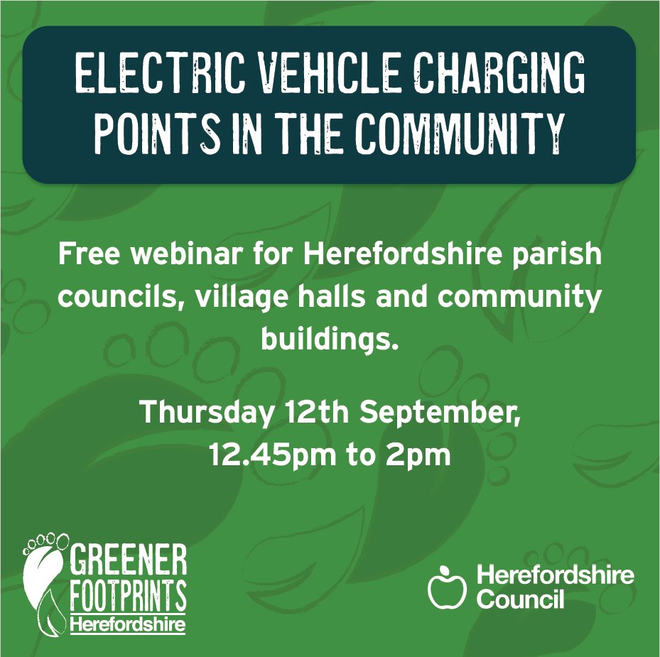 Just one week to go! 

Don’t forget to register for our free webinar for Herefordshire Parish Councils and community buildings interested in getting an Electric Vehicle charging point for community and visitor use.

Reserve your space here: bit.ly/3Z6dRtR

#ParishCouncil