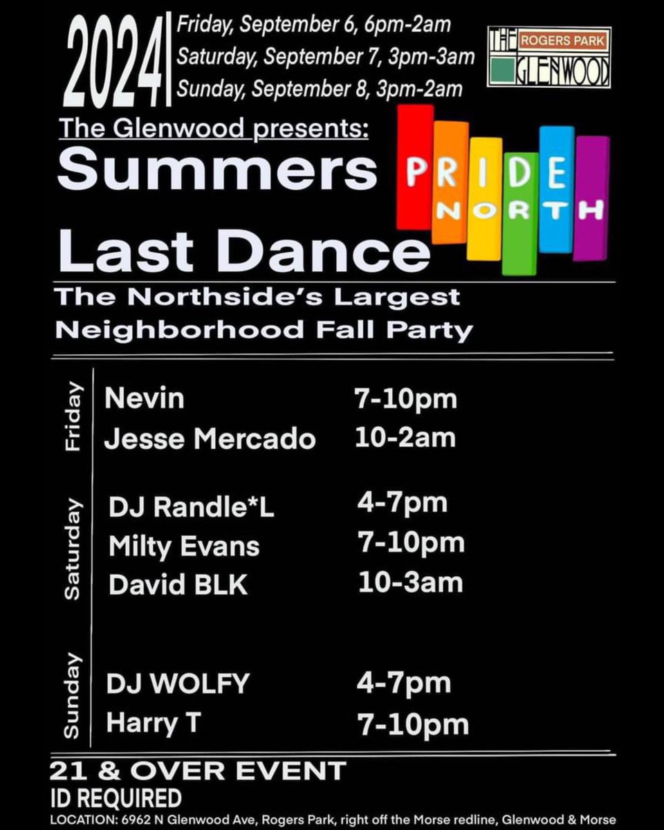 Tomorrow/Friday night I’m gonna be laying down the best disco, house &amp; pop for Pride North Chicago Summer’s Last Dance at The Glenwood 7-10pm! For a taste, check out my last Pride North mix here:
on.soundcloud.com/NkpqyQ3dqgzoF2… 😎
