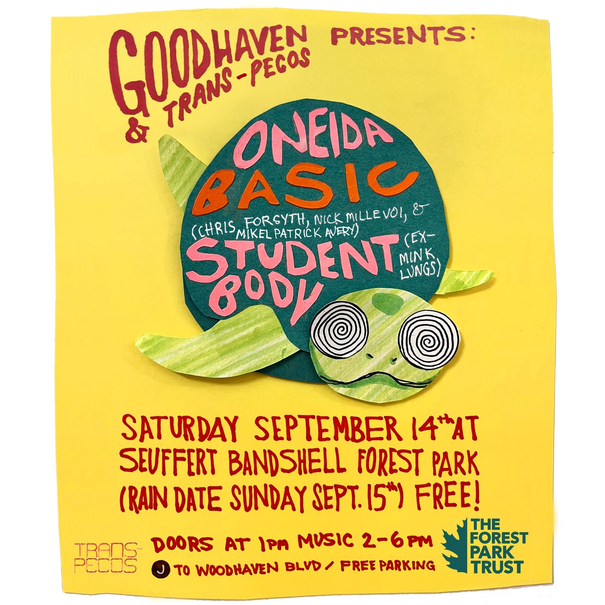 Thank you everyone! We did it! We raised what we needed to make this happen! SEE YOU ON SAT SEPT 14th (Sun Sept 15 RAIN DATE). 1pm doors, music at 2pm. Student Body (ex-Mink Lungs), BASIC (Chris Forsyth, Doug McCombs, Mikel Patrick Avery) and <a href="/oneida_official/">Oneida</a>