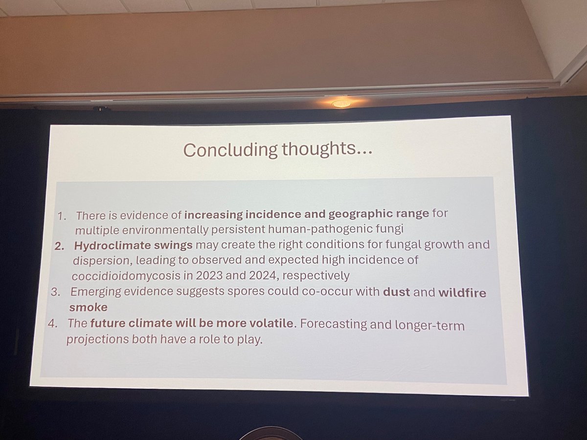Major patterns that may influence rates of coccidioidomycosis are hydroclimate swings (extreme drought followed by heavy precipitation) which are getting more extreme with climate change, and possibly wildfire &amp; dust #msgerc2024