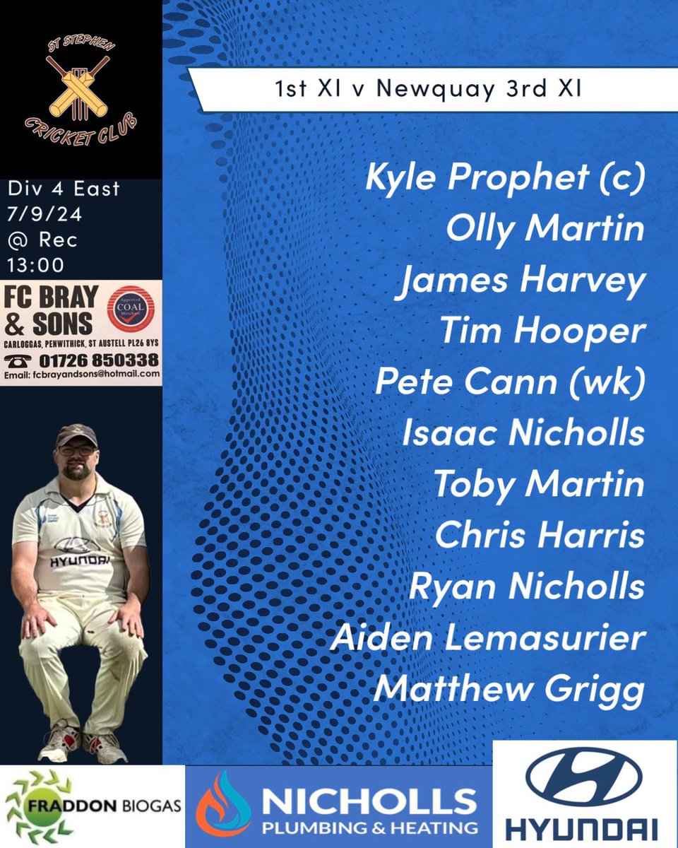 1st XI for their last game of the 2024 season to face <a href="/NewquayCC/">Newquay Cricket Club</a> 3rd XI at home 

Thank you to match ball sponsor FC BRAY &amp; SONS Coal Merchants 

<a href="/swsportsnews/">South West Sports News</a>