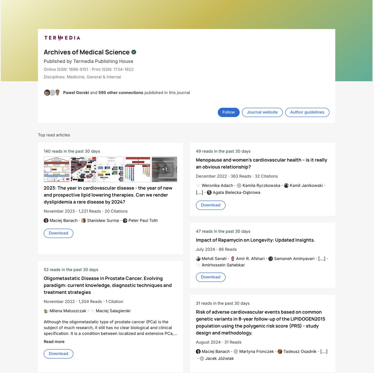 Maciej Banach (@maciejbanach) on Twitter photo I am happy to announce that based on the agreement between <a href="/TermediaPL/">Termedia</a> and <a href="/ResearchGate/">ResearchGate</a>, which I am happy with, <a href="/ArchMedSci/">Archives of Medical Science (AMS)</a> has its dedicated page in the #ResearchGate, with some additional very interesting data and statistics!
It is, among others, nice to see that our paper I am happy to announce that based on the agreement between <a href="/TermediaPL/">Termedia</a> and <a href="/ResearchGate/">ResearchGate</a>, which I am happy with, <a href="/ArchMedSci/">Archives of Medical Science (AMS)</a> has its dedicated page in the #ResearchGate, with some additional very interesting data and statistics!
It is, among others, nice to see that our paper