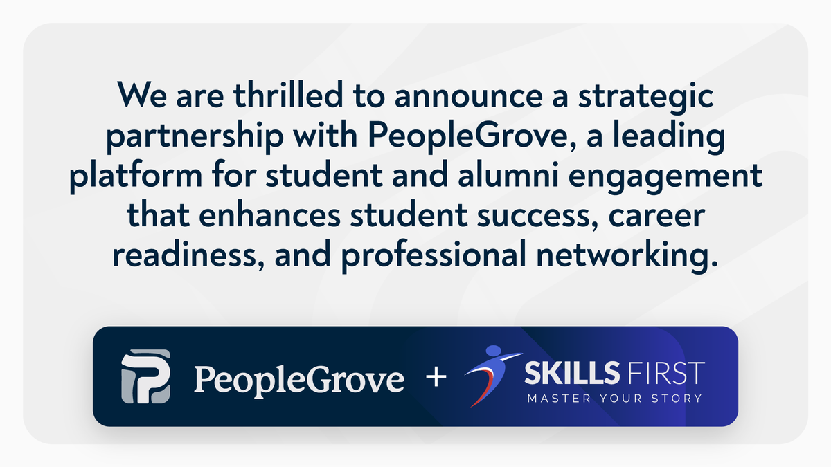 🎉 Exciting News! We’re partnering with <a href="/PeopleGroveCo/">PeopleGrove</a> , a top student success and alumni engagement platform, to integrate SkillsFirst’s AI tools! 🤝 Learn more about how we’re enhancing career prep: peoplegrove.com/research-libra… #CareerSuccess #AI #Partnership