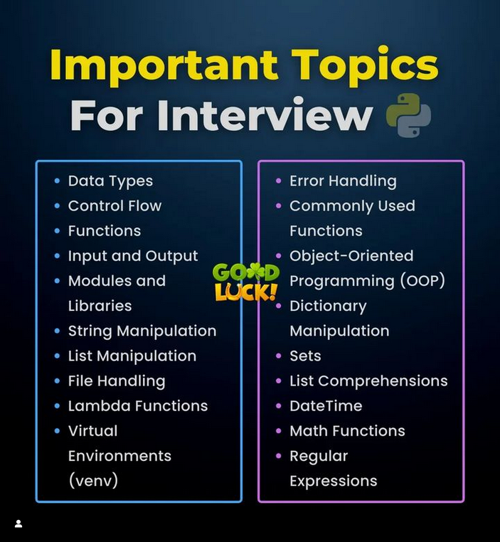 Python_Dv's tweet image. Important Python topic for interview 🔥

#python #programming #developer #programmer #coding #coder #softwaredeveloper #computerscience #webdev #webdeveloper #webdevelopment #pythonprogramming #pythonquiz #ai #ml #machinelearning #datascience