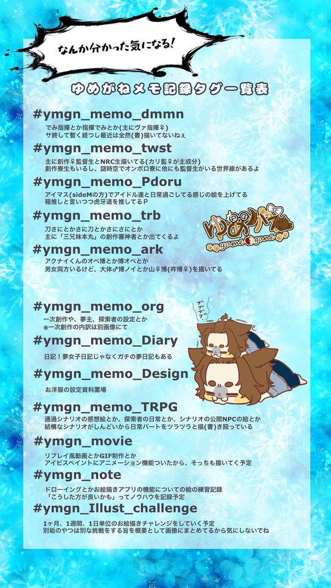 ymgn_02's tweet photo. 【固定用】
お絵描きと字書きと動画編集とをやっているゆるい勉強大好きな成人済みの社会人
別垢経由でこの日常垢を知っちゃった人は、投稿した絵だとかは拡散せずに♡だけで反応してくれると嬉しいな
よくうっかりトレス素材使用した旨の明記忘れてしまうのは本当にすまん https://t.co/aSB531X5JD