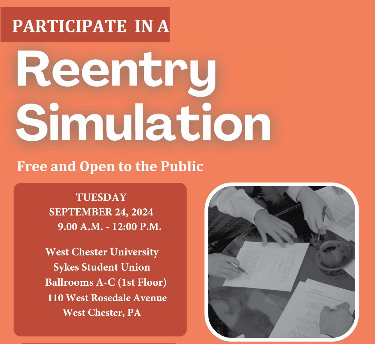 On Tuesday, Sept. 24, from 9AM-12PM, WCU's Department of Criminal Justice invites you to participate in a reentry simulation. Attendees will experience what it's like to return to the community after prison. The event is free, but registration required: chesco.seamlessdocs.com/f/Reentryreg