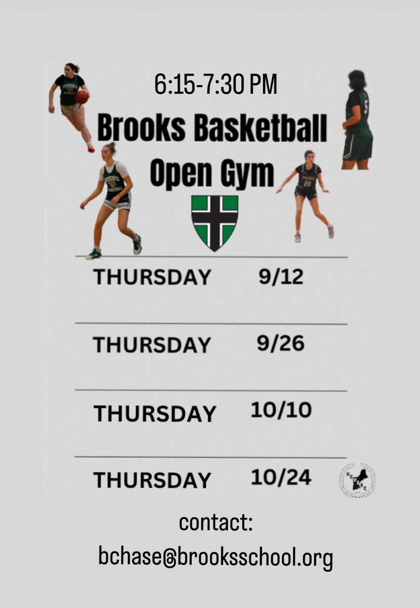 Come catch our talented athletes at open gym this fall!!
<a href="/AthleticsBrooks/">Brooks Athletics</a> <a href="/BrooksSchool/">Brooks School</a> <a href="/NEPSGBCA/">NEPSGBCA</a> <a href="/BashHoopsNE/">Bash Hudson</a> <a href="/HPHoopsCoachB/">Ben Chase</a>