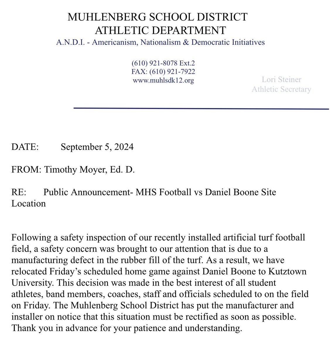 FOOTBALL

Muhlenberg home game vs Daniel Boone being moved to Kutztown University …

<a href="/BCIAASports/">BCIAASports</a> 
<a href="/MuhlsAthletics/">Muhlenberg Athletics</a> 
<a href="/DBooneBlazers/">Daniel Boone Blazers Athletics</a>