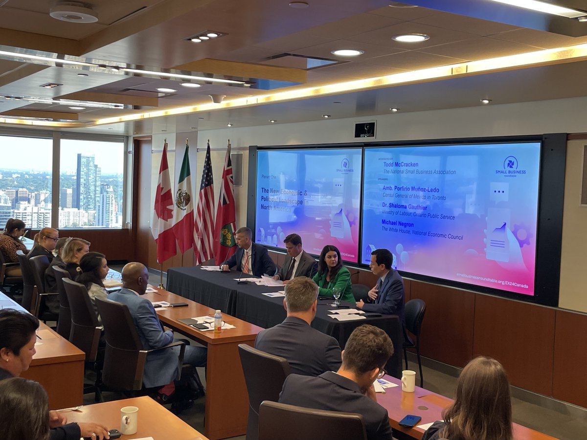 SmBizRoundtable's tweet image. Our first plenary, moderated by @NSBAAdvocate President &amp;amp; CEO Todd McCracken, explores the impact of the upcoming elections on the future of #business in #NorthAmerica and how we can empower entrepreneurs in this new economy. #smallbiz #EX24Canada