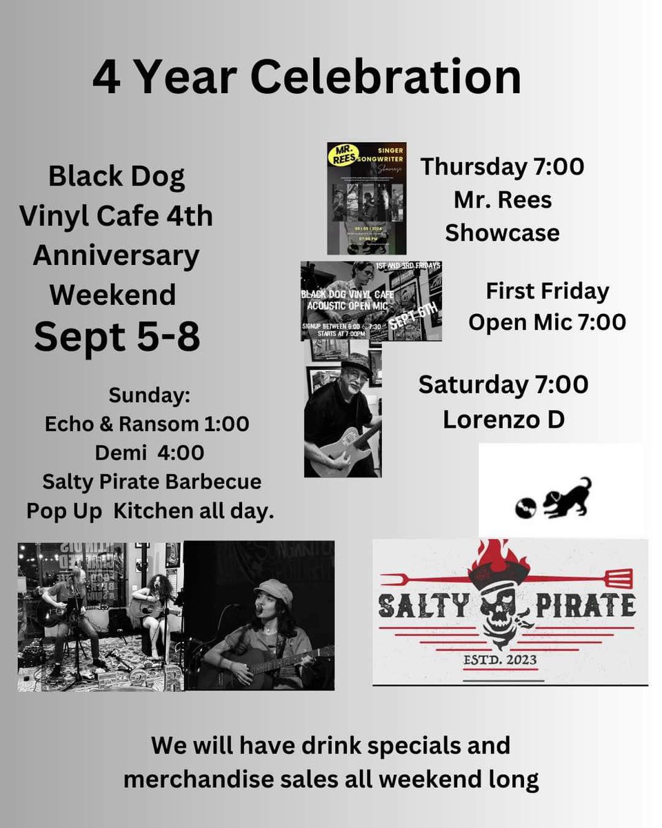 E&amp;R weekend!

9/6: Mattone Restaurant in Lagrange Park at 7pm
9/8: Black Dog Vinyl Cafe in Plainfield at 1pm, followed by Demi’s birthday bash at 4. BDVC is my home base and they’re celebrating their 4th Anniversary all weekend, so go catch a show or just buy a stack of records.