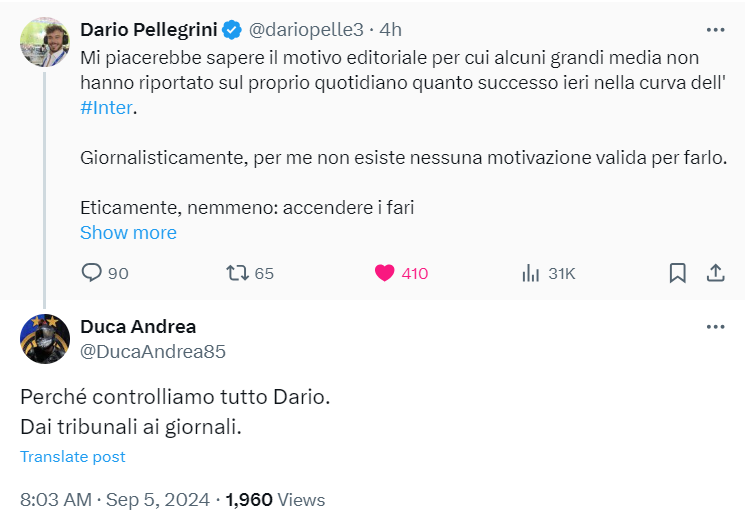 "Perche' controlliamo tutto Dario. Dai tribunali ai giornali". Se lo dice lui (Duca Andrea) che tifa Inter, io incomincio proprio a crederci.
Che ne dice <a href="/andreaabodi/">Andrea Abodi</a> e <a href="/FIGC/">FIGC</a>? #MarottaLeague
RT se sei d'accordo che l'Inter controlla tutto.