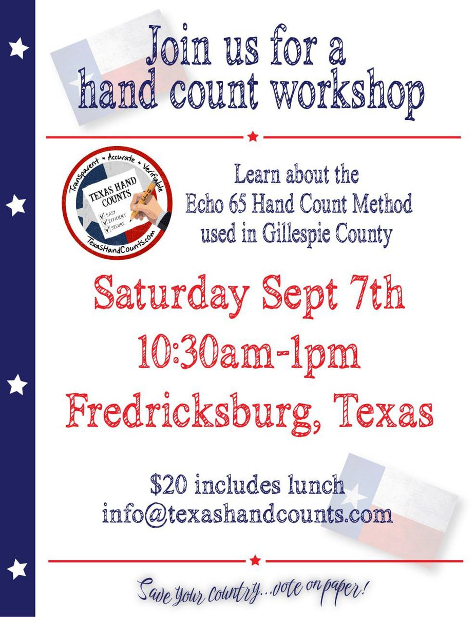 MrSausageGet's tweet image. Fredericksburg, Texas

This Saturday, September 7th
10:30am-1pm
#Texas #ElectionIntegrity #Handcount