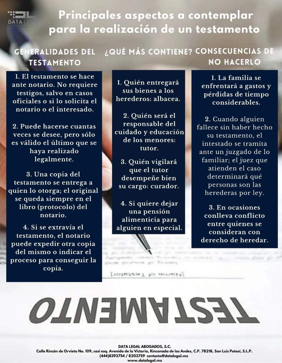 Datalegal2's tweet photo. ❗ Un testamento es un documento en el que una persona manifiesta su última voluntad sobre el destino que tendrán sus bienes materiales una vez que fallezca.

✔️ Septiembre es el mes del testamento. Cada año se incentiva a que la población elabore este importante documento legal. https://t.co/eudeCF4E4s