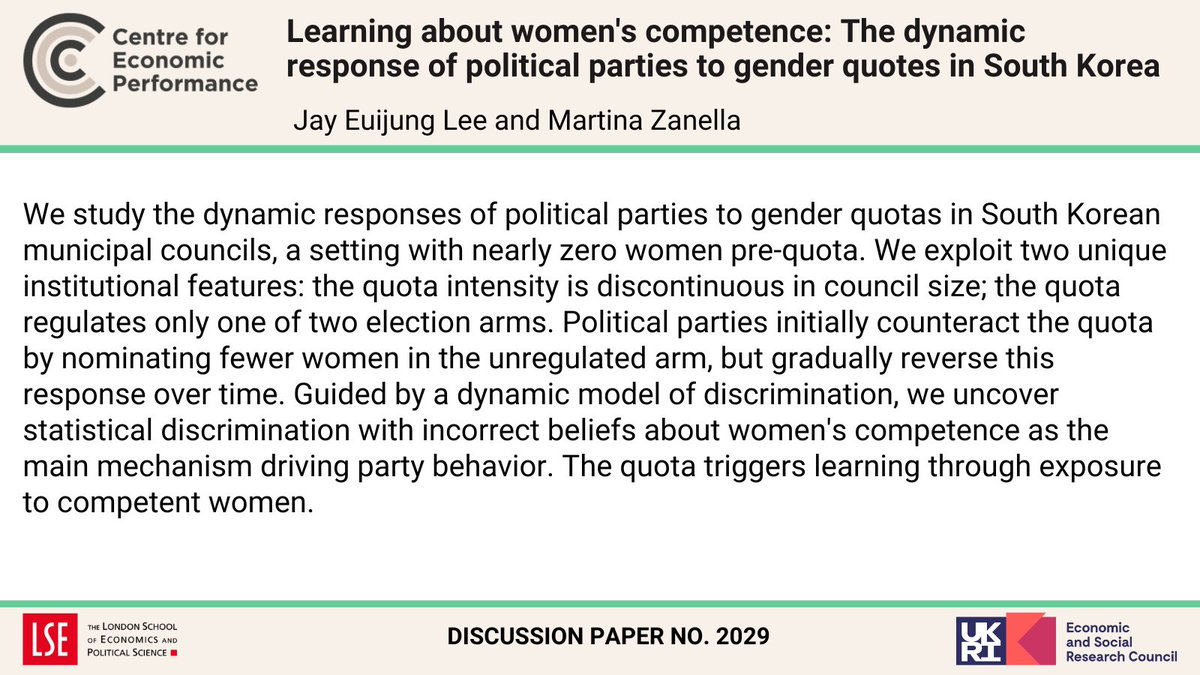 Centre for Economic Performance (@cep_lse) on Twitter photo Learning about women's competence: The dynamic response of political parties to gender quotes in South Korea
By @EuijungJay and <a href="/MartinaZanella7/">Martina Zanella</a>
Read at: ow.ly/KsVP50Tgq35 Learning about women's competence: The dynamic response of political parties to gender quotes in South Korea
By @EuijungJay and <a href="/MartinaZanella7/">Martina Zanella</a>
Read at: ow.ly/KsVP50Tgq35
