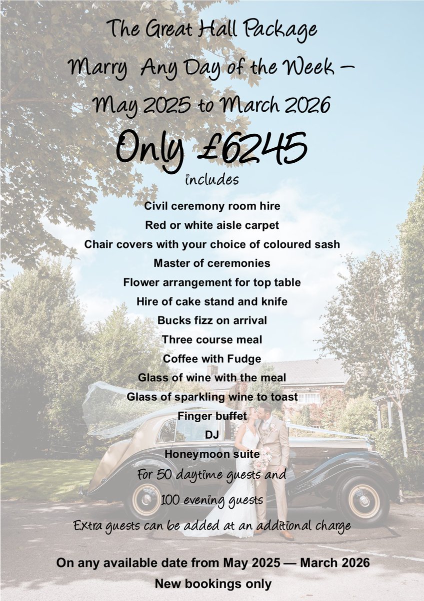 Lancashire Manor (@lancashiremanor) on Twitter photo Our new Great Hall Wedding Package is available for 2025 and early 2026. only £6245 based on 50 day guests and 100 evening for any available date.
Call for further information on 01695 567260 or email weddings@lancashiremanorhotel.com #weddingpackage #2025wedding #weddingvenue Our new Great Hall Wedding Package is available for 2025 and early 2026. only £6245 based on 50 day guests and 100 evening for any available date.
Call for further information on 01695 567260 or email weddings@lancashiremanorhotel.com #weddingpackage #2025wedding #weddingvenue
