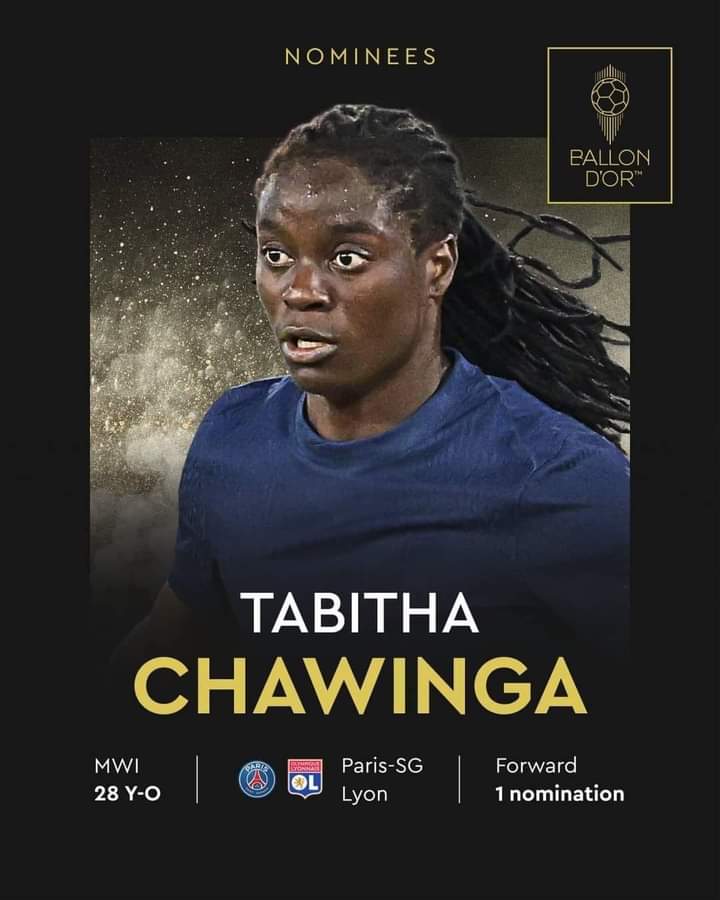 APM (@apmutharika) on Twitter photo Congratulations, daughter of the land, <a href="/tabitha_tc11/">Tabitha Chawinga</a>, on your Ballon d'Or nomination. ⚽🎊
The Former First Lady and I join all Malawians in wishing you the very best.
May you bring it home and continue to inspire the daughters and sons of this land. Congratulations, daughter of the land, <a href="/tabitha_tc11/">Tabitha Chawinga</a>, on your Ballon d'Or nomination. ⚽🎊
The Former First Lady and I join all Malawians in wishing you the very best.
May you bring it home and continue to inspire the daughters and sons of this land.