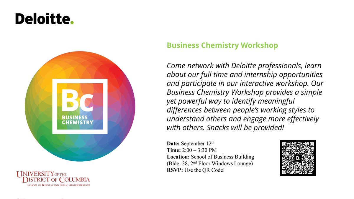 udcSBPA's tweet photo. Deloitte will be coming to campus on Thursday, September 12, from 2:00pm-4:00pm, in the Windows Lounge.  This event is open to all business students. Registration required: https://t.co/frDhzKhAqx
Questions? Contact Dr. Alex Tan at tihkoon.tan@udc.edu
 #udc1851 https://t.co/hTJejHyUxg
