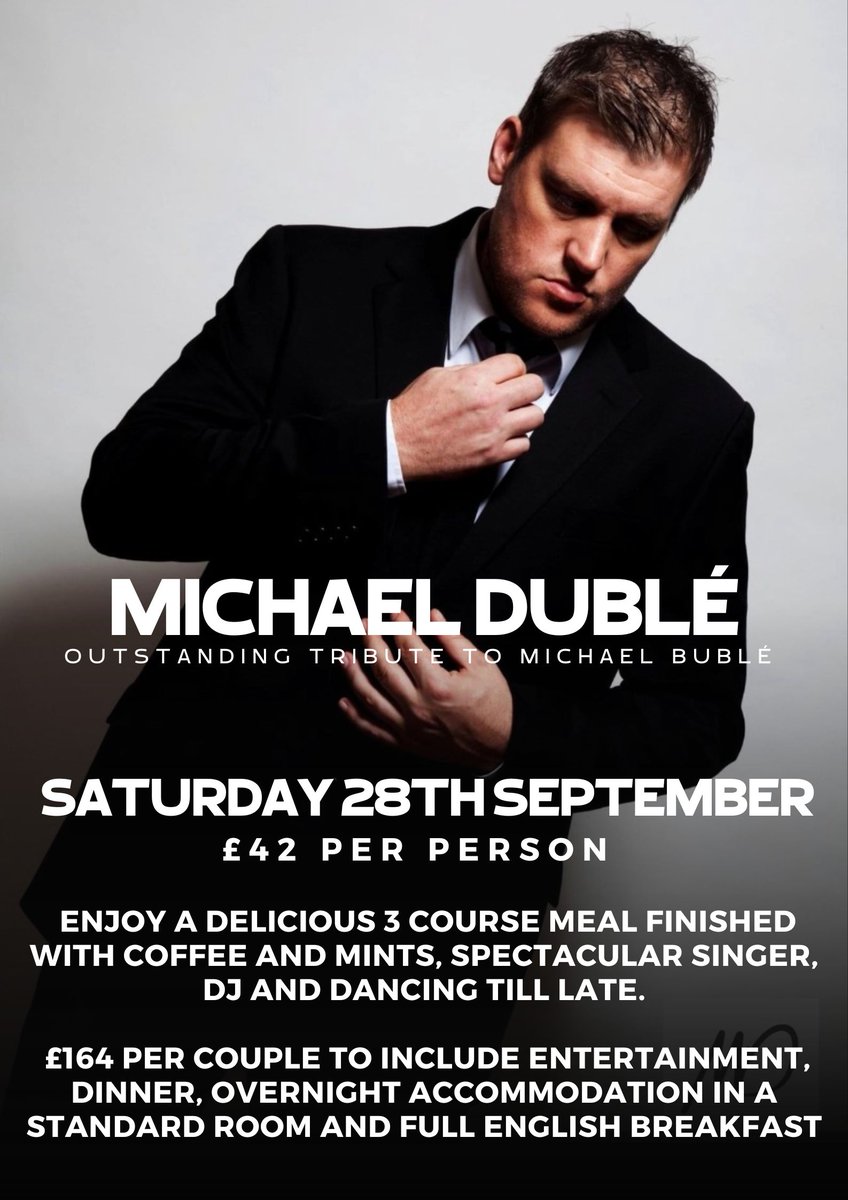 Lancashire Manor (@lancashiremanor) on Twitter photo 3 weeks until our Michael Bublé Tribute night.
Spaces still available, Call to book on 01695 567260 or email events@lancashiremanorhotel.com #tributenight #bublétribute #wahtsoninlancashire #whatsoninwigan #whatsoninskelmersdale #whatsoninseptember 3 weeks until our Michael Bublé Tribute night.
Spaces still available, Call to book on 01695 567260 or email events@lancashiremanorhotel.com #tributenight #bublétribute #wahtsoninlancashire #whatsoninwigan #whatsoninskelmersdale #whatsoninseptember