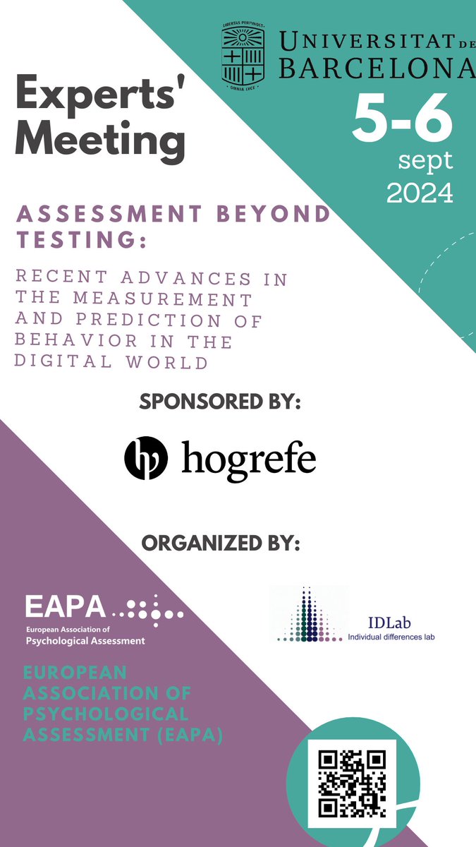 Individual Differences (@idlabub) on Twitter photo 🎓 Experts' Meeting 2024 starts today!
Join us at the <a href="/UniBarcelona/">Universitat de Barcelona</a> (Sept 5-6) to explore the latest advancements in psychological assessment and behavior prediction in the digital world. 🧠
Organized by <a href="/EAPA_Science/">European Association of Psychological Assessment</a> & <a href="/IDLab/">Baldi</a>. Sponsored by <a href="/hogrefe_publ/">Hogrefe Publishing</a>. #DigitalBehavior 🎓 Experts' Meeting 2024 starts today!
Join us at the <a href="/UniBarcelona/">Universitat de Barcelona</a> (Sept 5-6) to explore the latest advancements in psychological assessment and behavior prediction in the digital world. 🧠
Organized by <a href="/EAPA_Science/">European Association of Psychological Assessment</a> & <a href="/IDLab/">Baldi</a>. Sponsored by <a href="/hogrefe_publ/">Hogrefe Publishing</a>. #DigitalBehavior