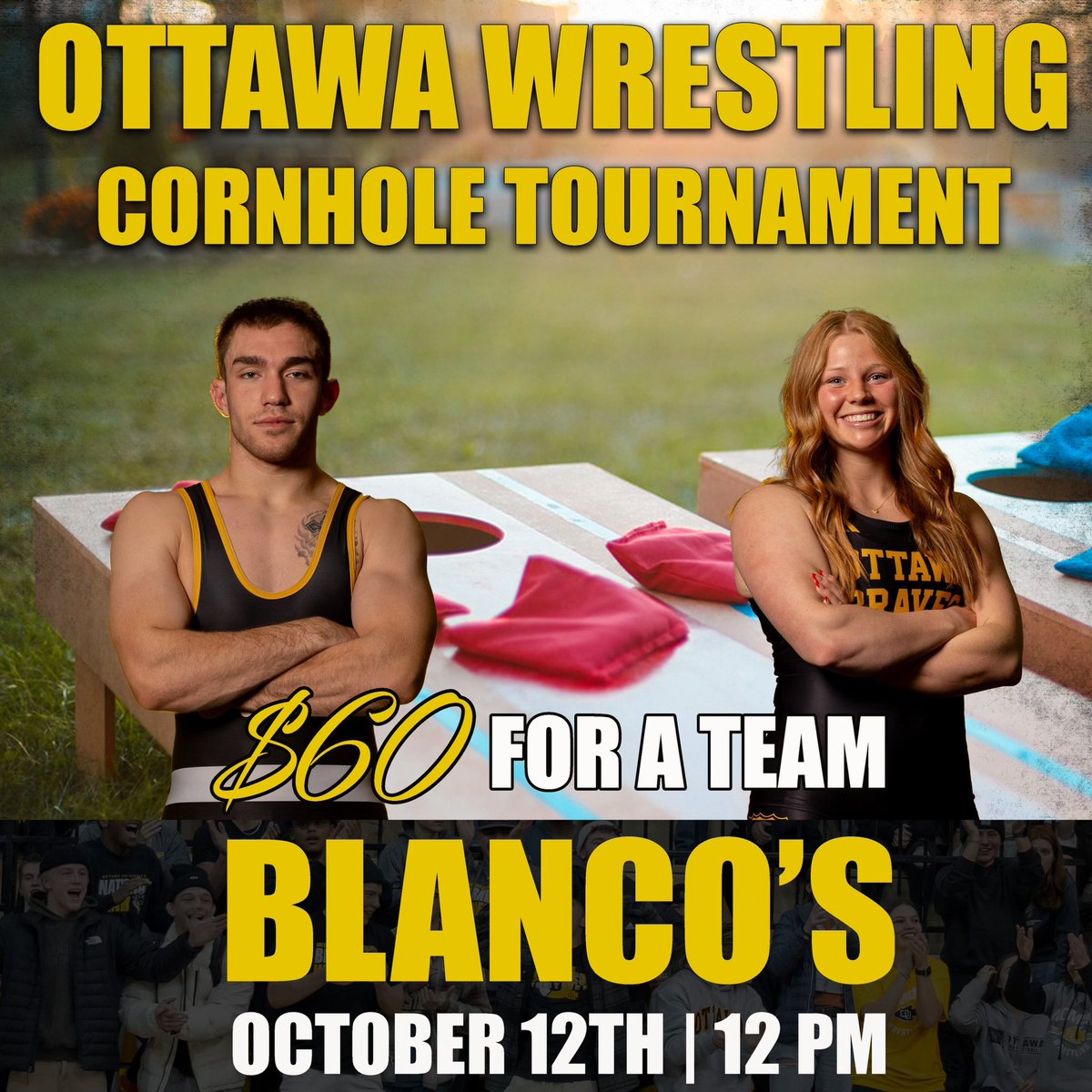 Ottawa University Wrestling 🤝🏽 Corn hole:
-Saturday, October 12th 
-Blanco’s
-20 teams, 60$ a team
-Noon Check-In, Tournament starts at 1 pm

Big shout out to Blanco’s for helping us make this happen. Come out and support.

Registration Link:
ottawa.edu/oukswrestling