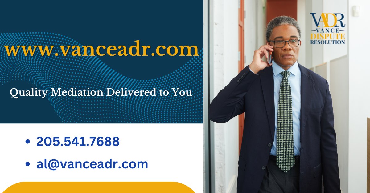 "Mobile Mediation" delivers mediation services directly to parties. While the concept isn’t new, I’m branding my mediation services to highlight my commitment to providing quality mediation throughout Alabama and beyond. Consider VADR when your city doesn't have what you need.