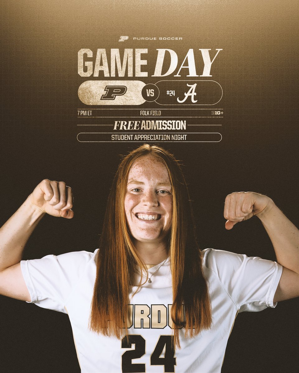 Let's make some noise tonight!

🆚 #24 Alabama
🏟️ Folk Field 🏡
🕖 7 pm ET
🆓 Free Admission
📓 Student Appreciation Night

#BoilerUp 🚂⚽️
