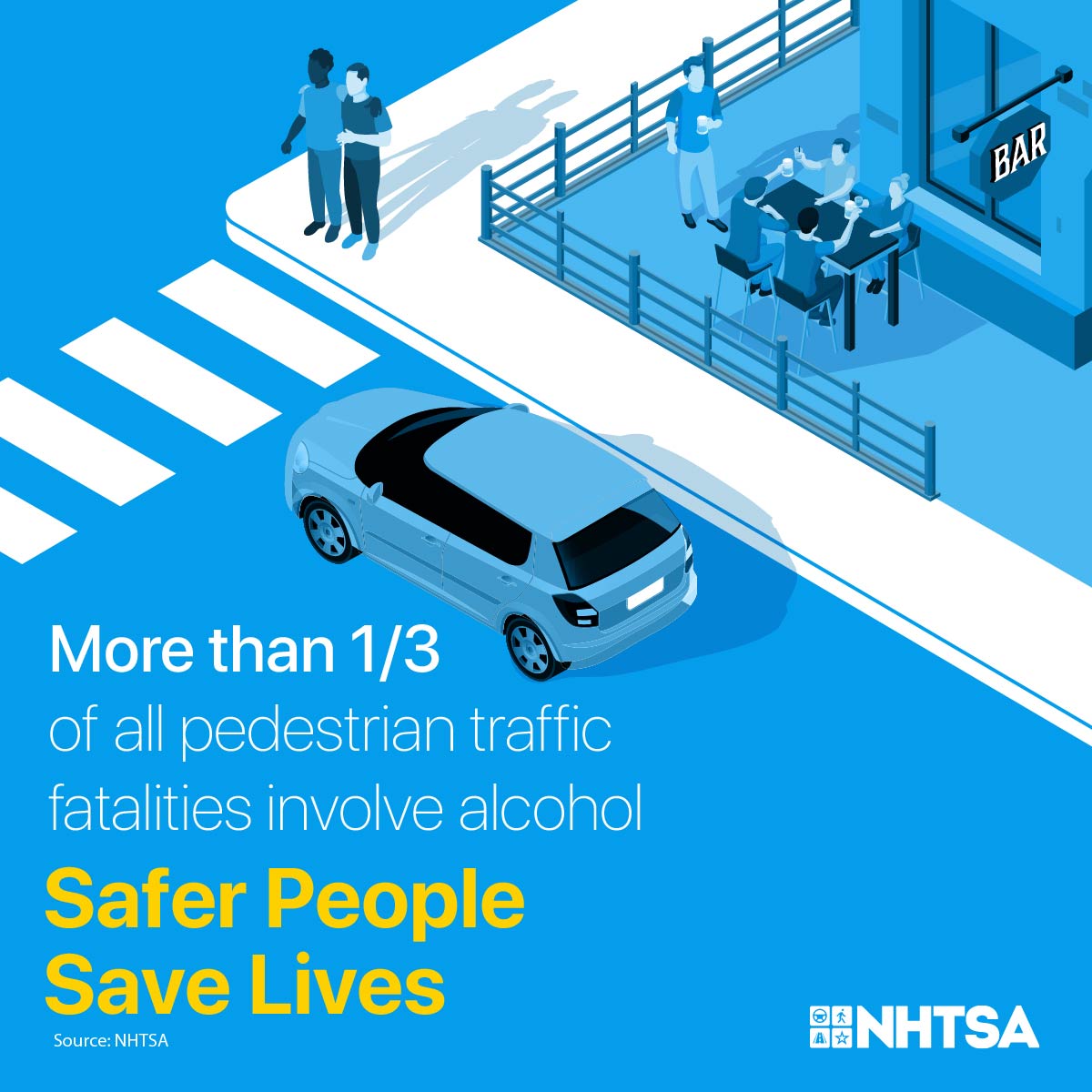 More than one-third of all pedestrian traffic fatalities involve alcohol. It’s important to stay vigilant and make responsible choices. Safer people save lives.