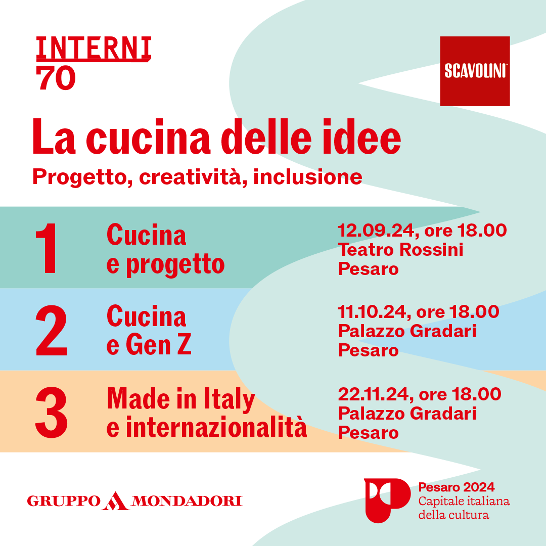 SCAVOLINI e Interni Magazine, in occasione di Pesaro 2024 - Capitale italiana della cultura, hanno il piacere di invitarti al ciclo di incontri incentrati sul tema della cucina, luogo nel quale non si cucina più solo per necessità ma per un piacere creativo.