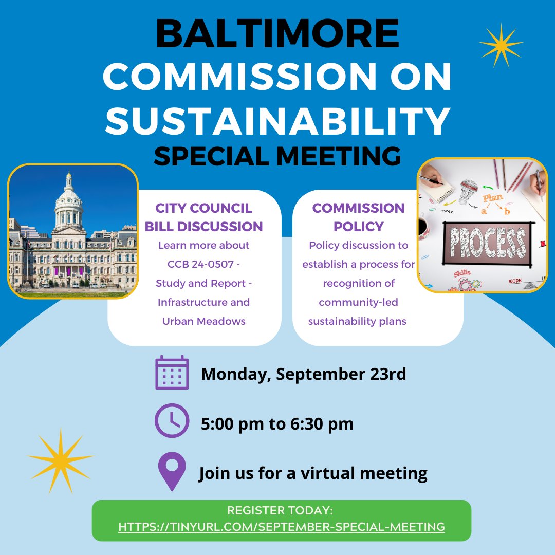 Join the Baltimore Commission on Sustainability's special meeting on bill CCB 24-0507! We'll discuss turning 100 acres of vacant lots into urban meadows &amp; explore policy for community-led sustainability plans.
🗓️ Monday, Sept. 23, 5-6:30 PM
💻 Register: tinyurl.com/September-Spec…
