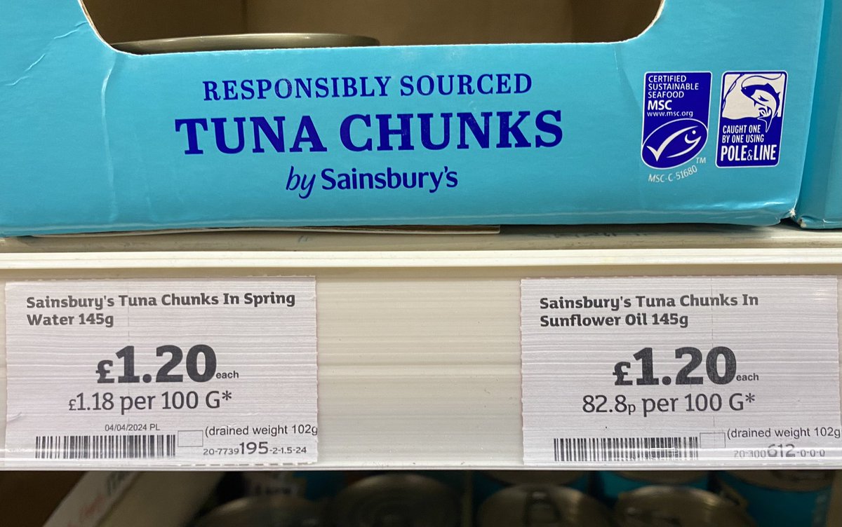 Dr Gabriel Scally (@gabrielscally) on Twitter photo Hi <a href="/sainsburys/">Sainsbury's</a>. This labelling can’t be right surely? Same unit price, same drained weight, but big difference in weight per 100g Hi <a href="/sainsburys/">Sainsbury's</a>. This labelling can’t be right surely? Same unit price, same drained weight, but big difference in weight per 100g