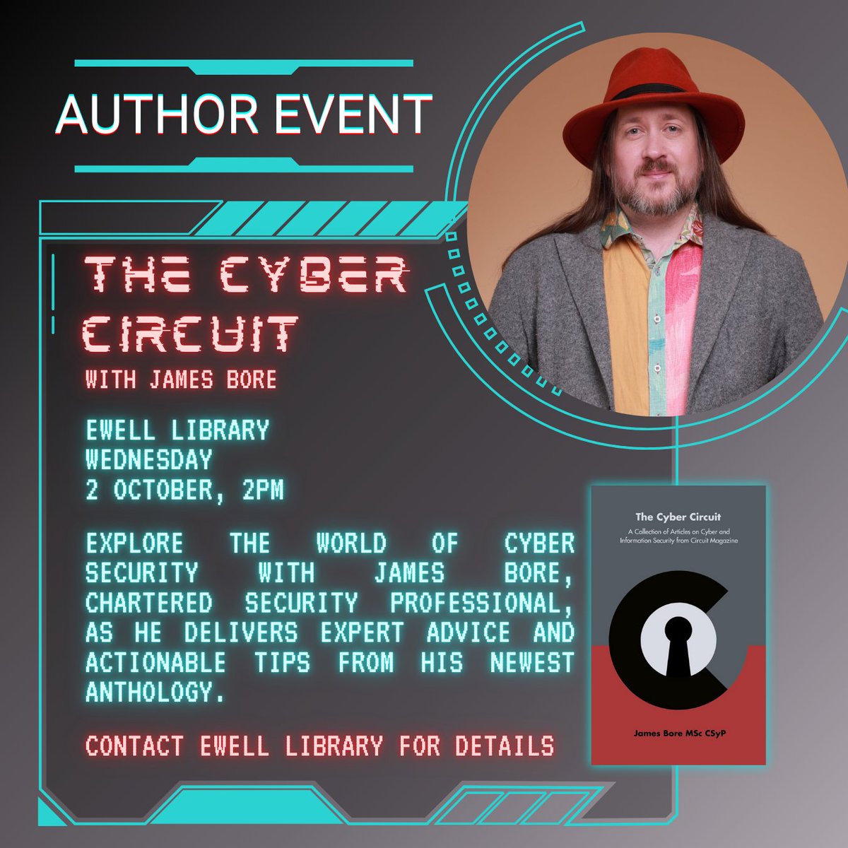 Ewell Library (@ewelllib) on Twitter photo ๐ Join us on Wed, 2 Oct at 2PM for an author talk & Q&A with @coffee_fueled, Chartered Security Professional! ๐จ
James will discuss his book on #CyberSecurity trends & practical strategies. #FreeEvent with book signing!
Be sure to secure your spot ๐
<a href="/SurreyLibraries/">Surrey Libraries UK</a> ๐ Join us on Wed, 2 Oct at 2PM for an author talk & Q&A with @coffee_fueled, Chartered Security Professional! ๐จ
James will discuss his book on #CyberSecurity trends & practical strategies. #FreeEvent with book signing!
Be sure to secure your spot ๐
<a href="/SurreyLibraries/">Surrey Libraries UK</a>