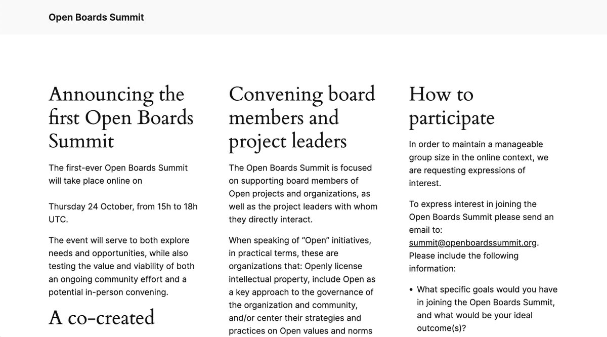 Open Knowledge Foundation (@okfn@fosstodon.org) (@okfn) on Twitter photo 🤗 We are proud to co-convene the #OpenBoardsSummit (Oct 24th, 15-18:00 UTC), organised by <a href="/PhilanthropyV2/">Philanthropy Matters</a> & <a href="/aspirationtech/">@aspirationtech@mastodon.social</a>. It is focused on supporting board members of Open projects and organisations, as well as open project leaders.
👉🏾 Learn more: openboardssummit.org 🤗 We are proud to co-convene the #OpenBoardsSummit (Oct 24th, 15-18:00 UTC), organised by <a href="/PhilanthropyV2/">Philanthropy Matters</a> & <a href="/aspirationtech/">@aspirationtech@mastodon.social</a>. It is focused on supporting board members of Open projects and organisations, as well as open project leaders.
👉🏾 Learn more: openboardssummit.org