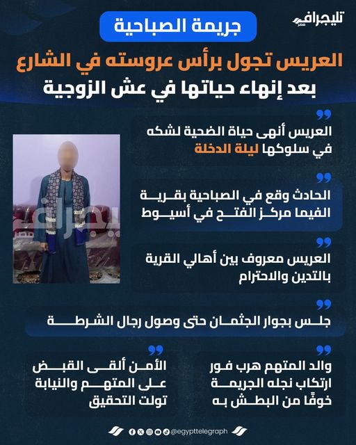 🚨جريمة مروعة في مصر تهز سكان كوكب الأرض 🌍 

رجل مصري  ينحر عروسته البالغة من العمر17 عامًا في ليلة الزفاف 👰‍♀️ بسبب شكوكه في عذريتها 

ثم تجول في شوارع القرية وهو حامل رأسها.

وعند إجراء الفحص من قبل الطب الشرعي، تبين أنها
 بريئة ولا تزال عذراء 💔