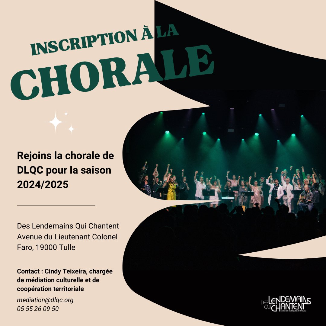 📢📢🎙️INSCRIPTIONS À LA CHORALE DE DLQC OUVERTE

📄 Fiche d'inscription deslendemainsquichantent.org/sites/default/… 
•d’infos sur notre site internet 👉 deslendemainsquichantent.org/projets/dirait… 

Renseignements et inscriptions
De préférence par mail à Cindy Teixeira, mediation@dlqc.org, au standard 05 55 26 09 50