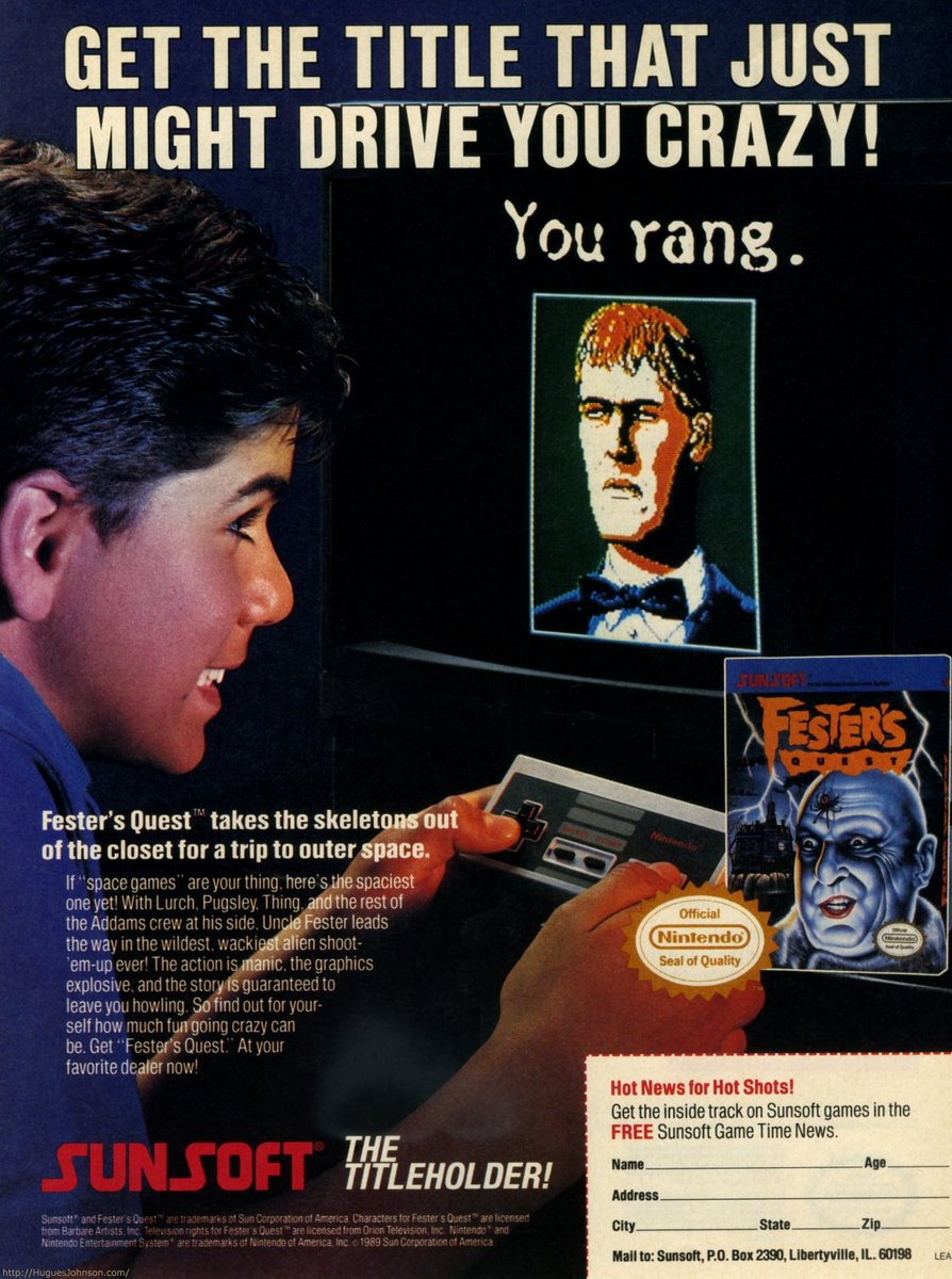 Publicidad de Fester's Quest para la Nintendo Entertainment System.
#Nintendo #NES #80s #RETROGAMING #Retro #Gaming #Videojuegos #Videogames #Nostalgia