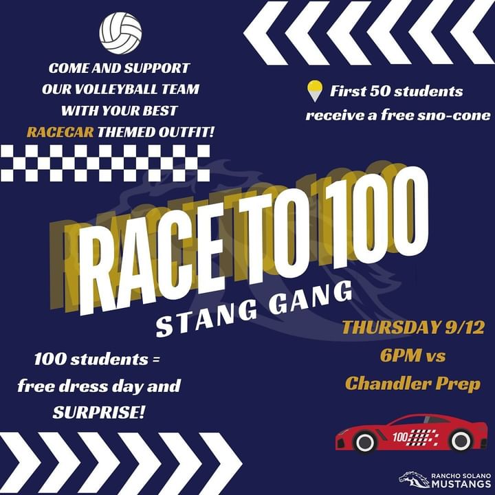 RanchoSolanoAZ's tweet photo. 🏐 First Home Volleyball Game of the Season = RACE TO 100! 🏐

The first 100 students through the door get a Free Dress Day, and the first 50 will score a FREE Sno-Cone! Don’t miss out!

#GoMustangs #StangGang #RaceTo100 https://t.co/NDjNyzhhHc