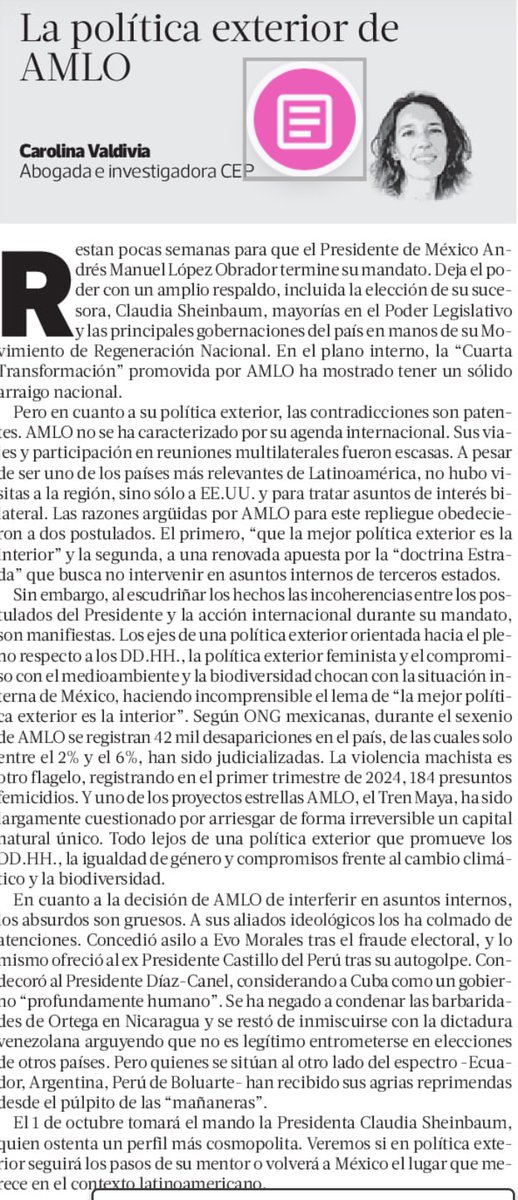 Carolina Valdivia (@carovaldiviat) on Twitter photo 🇲🇽 el próximo 1 de octubre, el Pdte AMLO termina su mandato. Comparto mi columna en <a href="/latercera/">La Tercera</a> con observaciones sobre inconsistencias de su política exterior 🌎 🇲🇽 el próximo 1 de octubre, el Pdte AMLO termina su mandato. Comparto mi columna en <a href="/latercera/">La Tercera</a> con observaciones sobre inconsistencias de su política exterior 🌎
