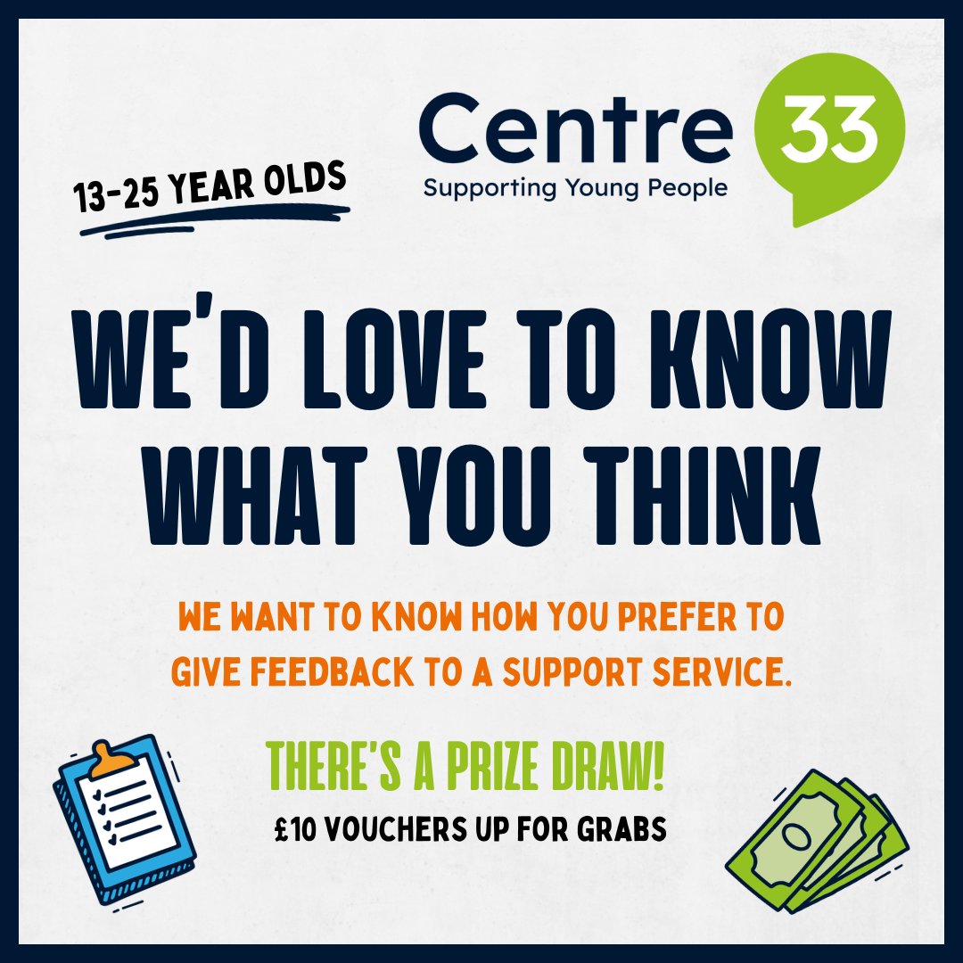📢 We want to hear from young people aged 13-25! We’re improving how we gather feedback and want to know what works best for you. + Win a £10 voucher!😃

Pls share this with any young people you know - no need to have used our services to take part:
surveymonkey.com/r/CLL8NGR