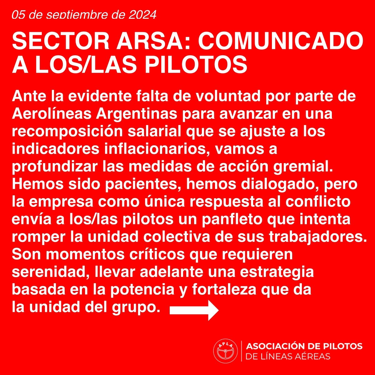 aplapilotos's tweet photo. COMUNICADO A LOS/LAS PILOTOS
Son momentos críticos que requieren nuestra mayor serenidad. La empresa intenta dividirnos, pero tenemos la experiencia necesaria para superar este momento y dejar atrás el vergonzoso nivel salarial al que nos han llevado
#somosapla
#pilotosargentinos https://t.co/RSkKFtrKY7