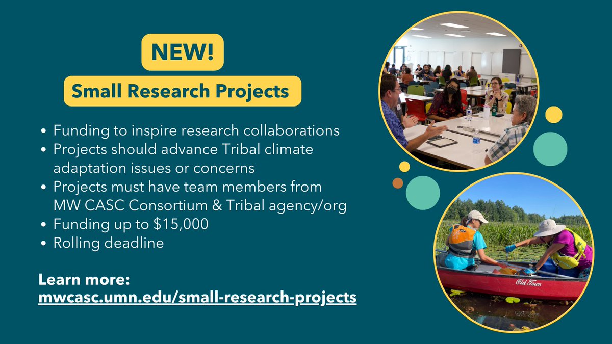 📣 New opportunity for those interested in collaborative climate adaptation research in the Midwest! 

Funding to support the creation of new teams and enhance their capacity to conduct targeted research and needs assessments. 

Learn more: mwcasc.umn.edu/small-research…