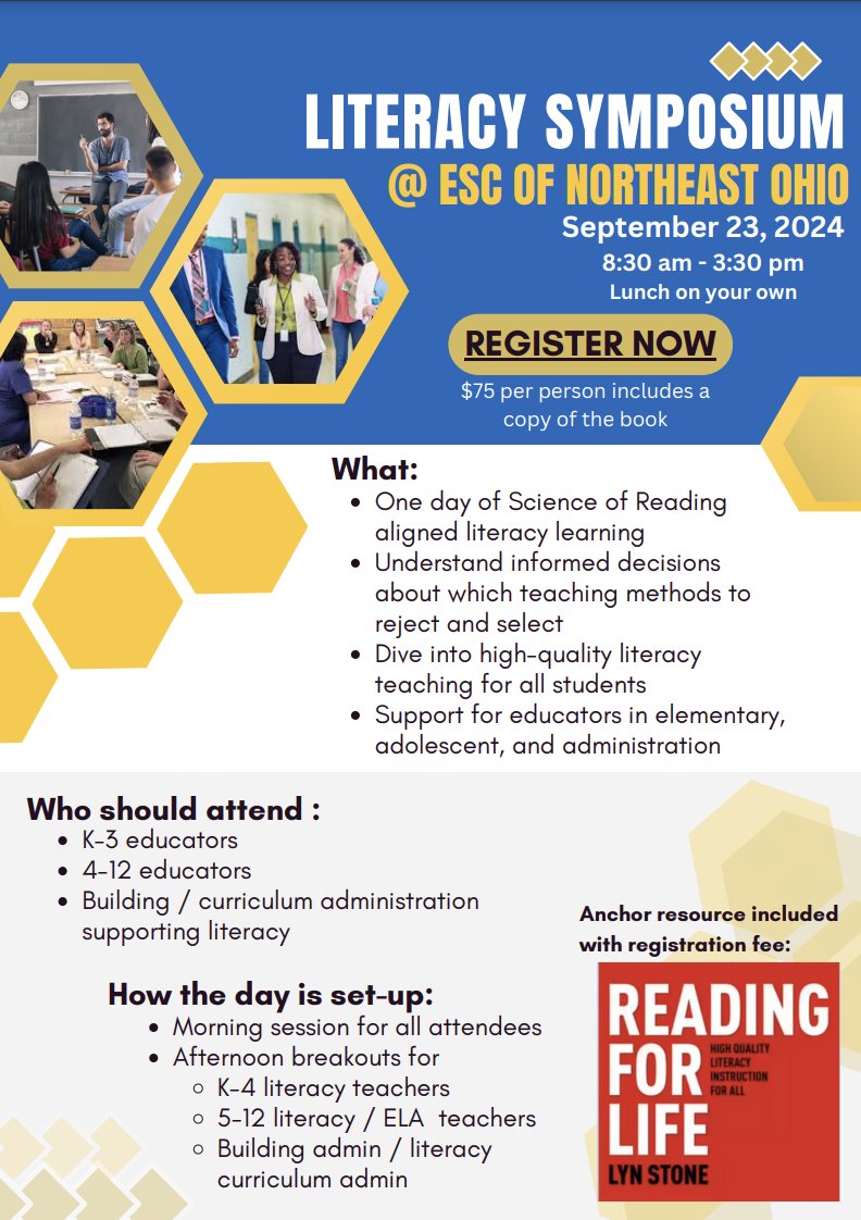 🚨Join us for the Literacy Symposium @ ESC of Northeast Ohio 🚨
🗓️ September 23, 2024
🕒 8:30 AM - 3:30 PM
One day of Science of Reading-aligned learning.
Dive into high-quality literacy teaching for ALL students!
👉 Register now! escneo.org/protected/Even…

#ESCNEO <a href="/ESCNortheastOH/">ESCNortheastOhio</a>