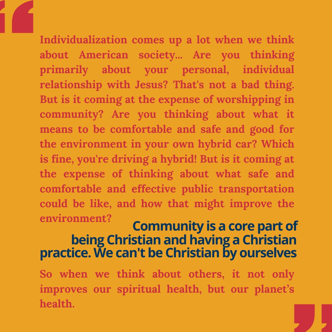 "Community is a core part of being Christian and having a Christian practice. We can't be Christian by ourselves. So when we think about others, it not only improves our spiritual health, but our planet’s health." 

Hear more in Episode 3 of the #DepartmentOfNuance podcast 🎙️