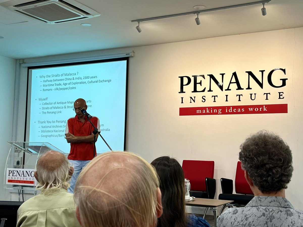 MalayaSingapore's tweet photo. We had a #Thursday Sushi supper at the Kirishima restaurant in #GeorgeTown followed by an interesting lecture at the Penang Institute on a subject that interests me - The #StraitsOfMalacca, Focusing on Penang
Julian Candiah's talk traces the Straits of #Malacca's trade significance from ancient times to #British rule, using historical sea charts.