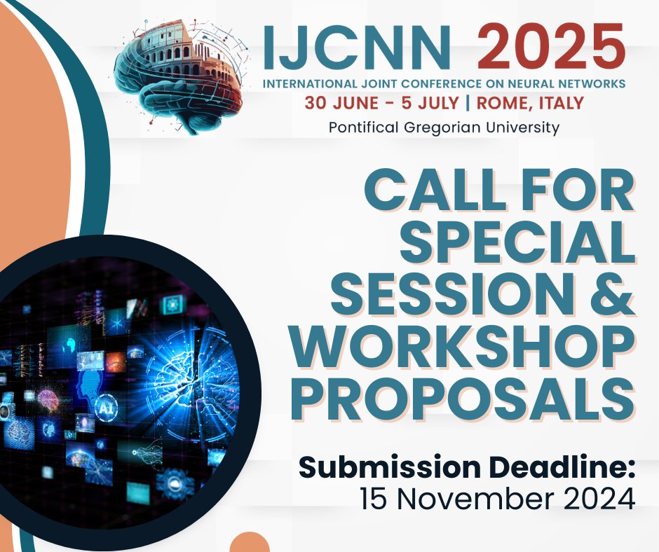📢 #IJCNN2025 solicits proposals for special sessions within the technical scope of the conference. Submission Deadline: 15 November 2024

🔗Learn more: 2025.ijcnn.org

#INNS #NeuralNetwork #AI #ArtificialIntelligence #futureofwork #AI #AIconference
