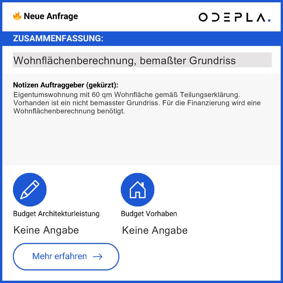 Geplant: Wohnflächenberechnung und bemaßter Grundriss für eine 60m² Eigentumswohnung.   
Der bestehende Grundriss ist unbemaßt.   
Jetzt Kontakt aufnehmen: app.odepla.de/register   
Nutze die Chance für das Projekt!