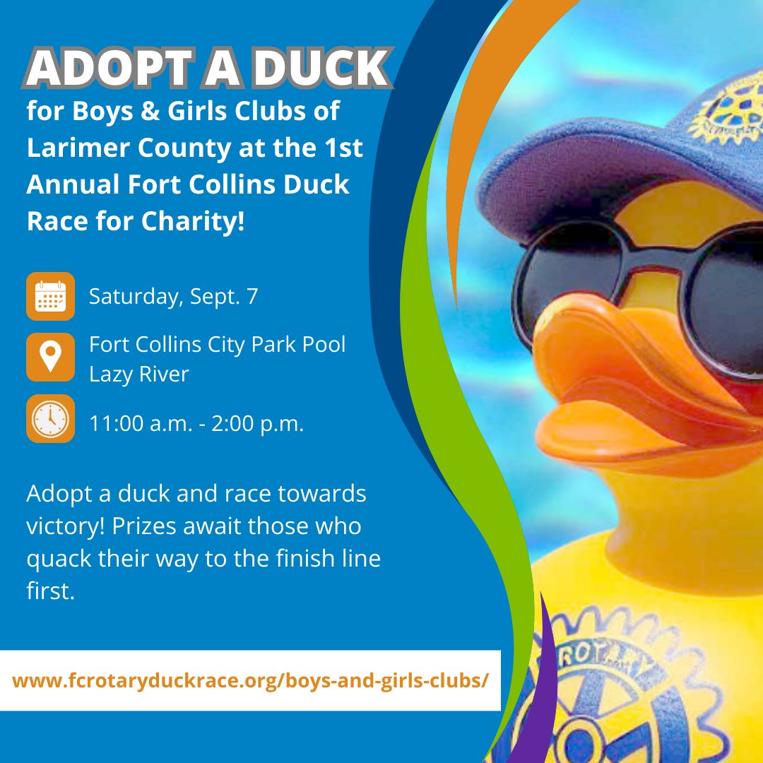 Join the Rotary Club of Fort Collins Foothills for this day of fun! Please consider adopting a duck, joining the race, and giving back to our community. For every rubber duck adoption, 80% of the proceeds will go to BGCLC! Adopt a duck benefiting BGCLC 🔗fcrotaryduckrace.org/boys-and-girls…