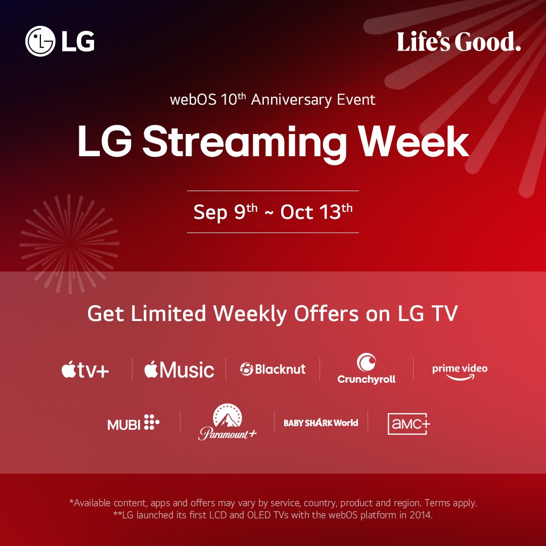 LGUS's tweet photo. Celebrate LG Streaming Week! Explore movies, sports and more with weekly offers on your LG TV: https://t.co/iPsx4LMGdD #LGStreamingWeek #LifesGood https://t.co/QJa9y4RZSu