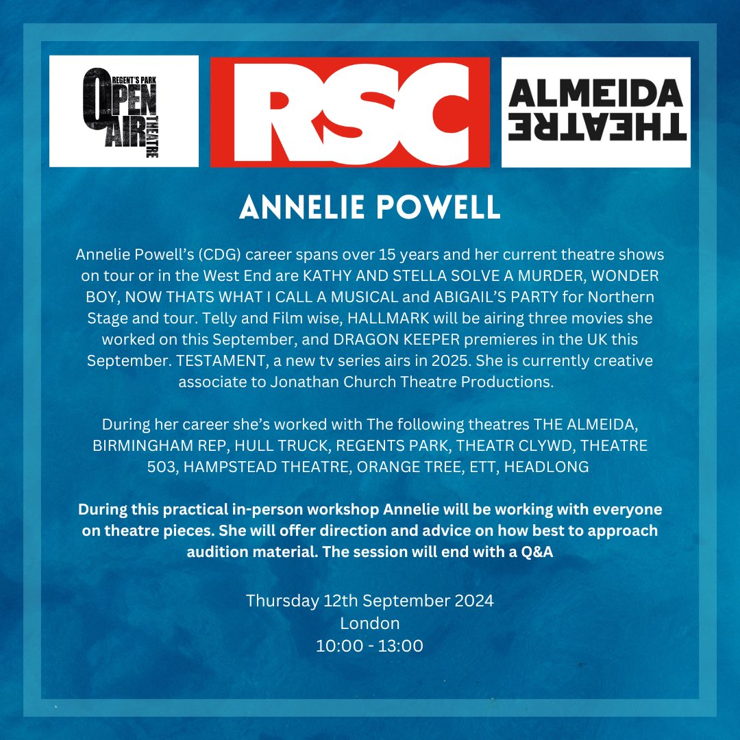 Casting Workshops (@castingworkshop) on Twitter photo Don’t miss our theatre workshop with Casting Director <a href="/AnneliePowell/">Annelie Powell CDG</a> next week. You can book via our website now: casting-workshops.co.uk/workshops Don’t miss our theatre workshop with Casting Director <a href="/AnneliePowell/">Annelie Powell CDG</a> next week. You can book via our website now: casting-workshops.co.uk/workshops