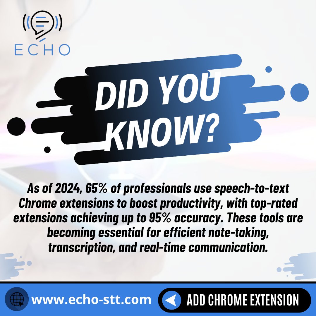 echoStt's tweet photo. As of 2024, a remarkable 65% of professionals are using speech-to-text Chrome extensions to boost productivity! Top-rated extensions are now achieving up to 95% accuracy, making them essential tools for efficient note-taking, transcription, and real-time communication. https://t.co/55uNTJVFCJ